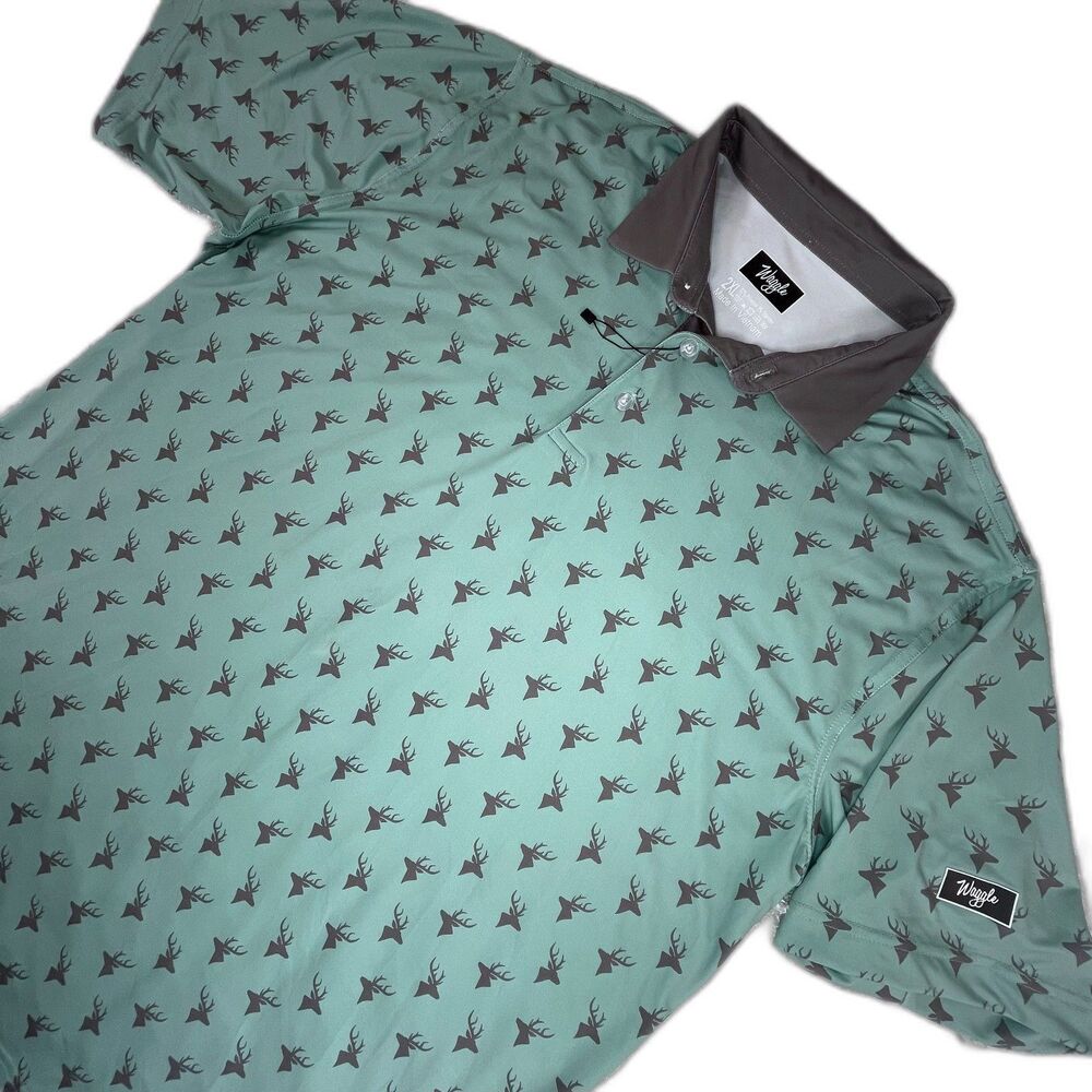 NWOT Waggle Golf Polo Men's 2XL Green Deer All Over Print Performance Stretch